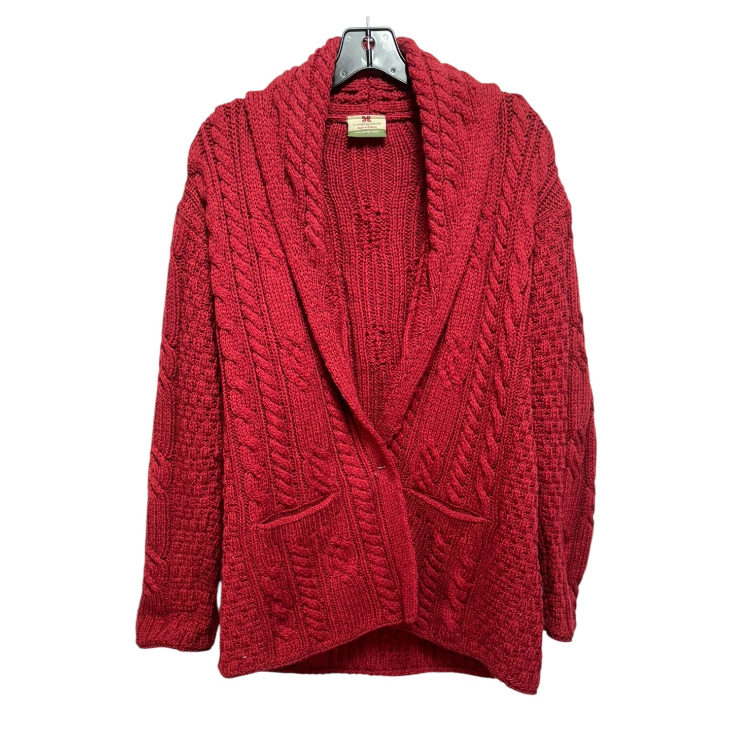 Irish Cable Knit Merino Wool Sweater Cardigan By Carraigdonn In Red, Size: M