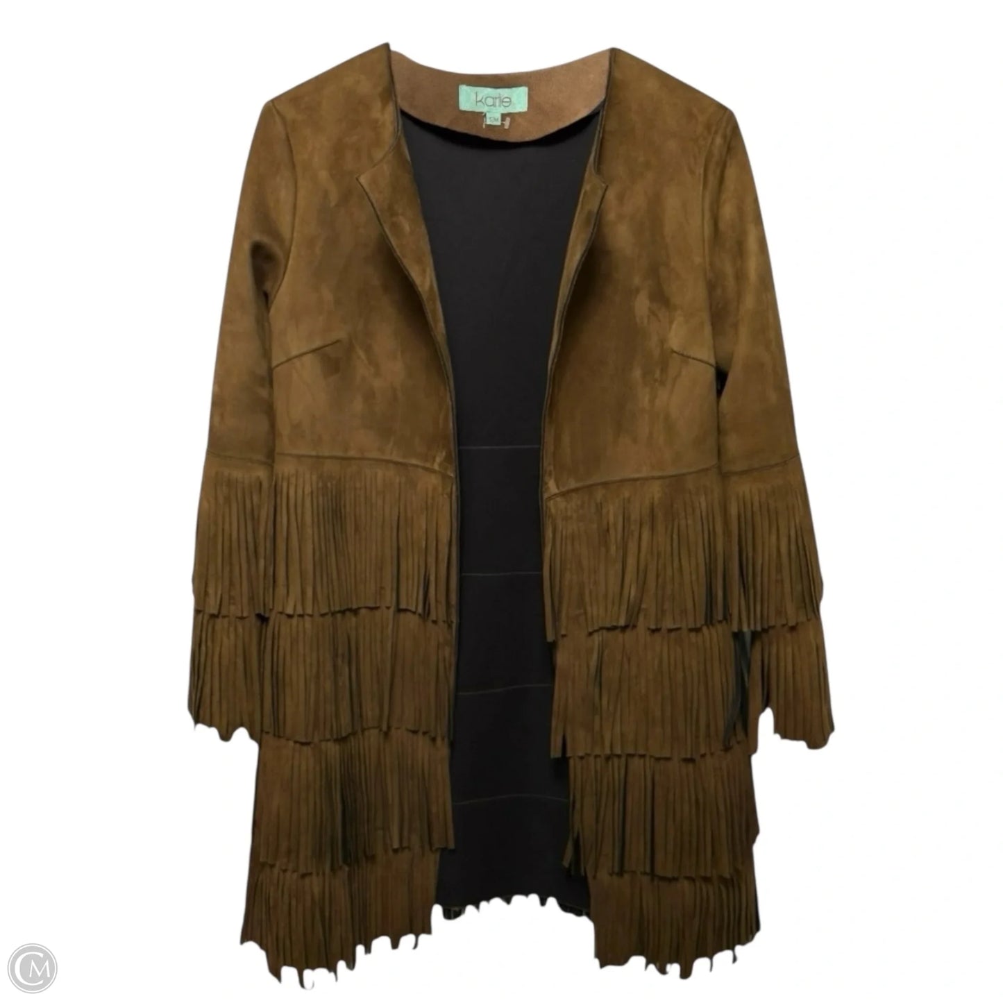 Faux Suede Tiered Fringe Open Front Jacket By Karlie In Brown, Size: S