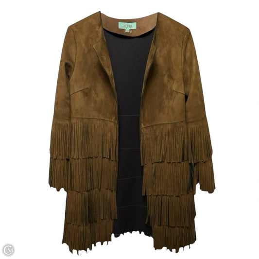 Faux Suede Tiered Fringe Open Front Jacket By Karlie In Brown, Size: S