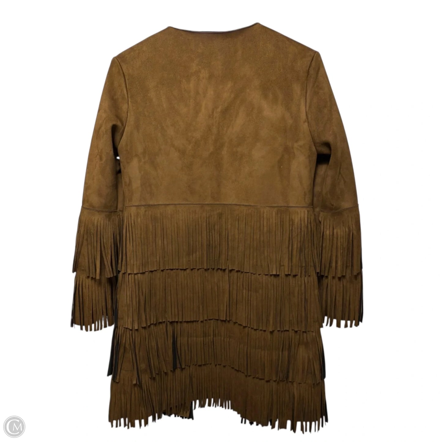 Faux Suede Tiered Fringe Open Front Jacket By Karlie In Brown, Size: S