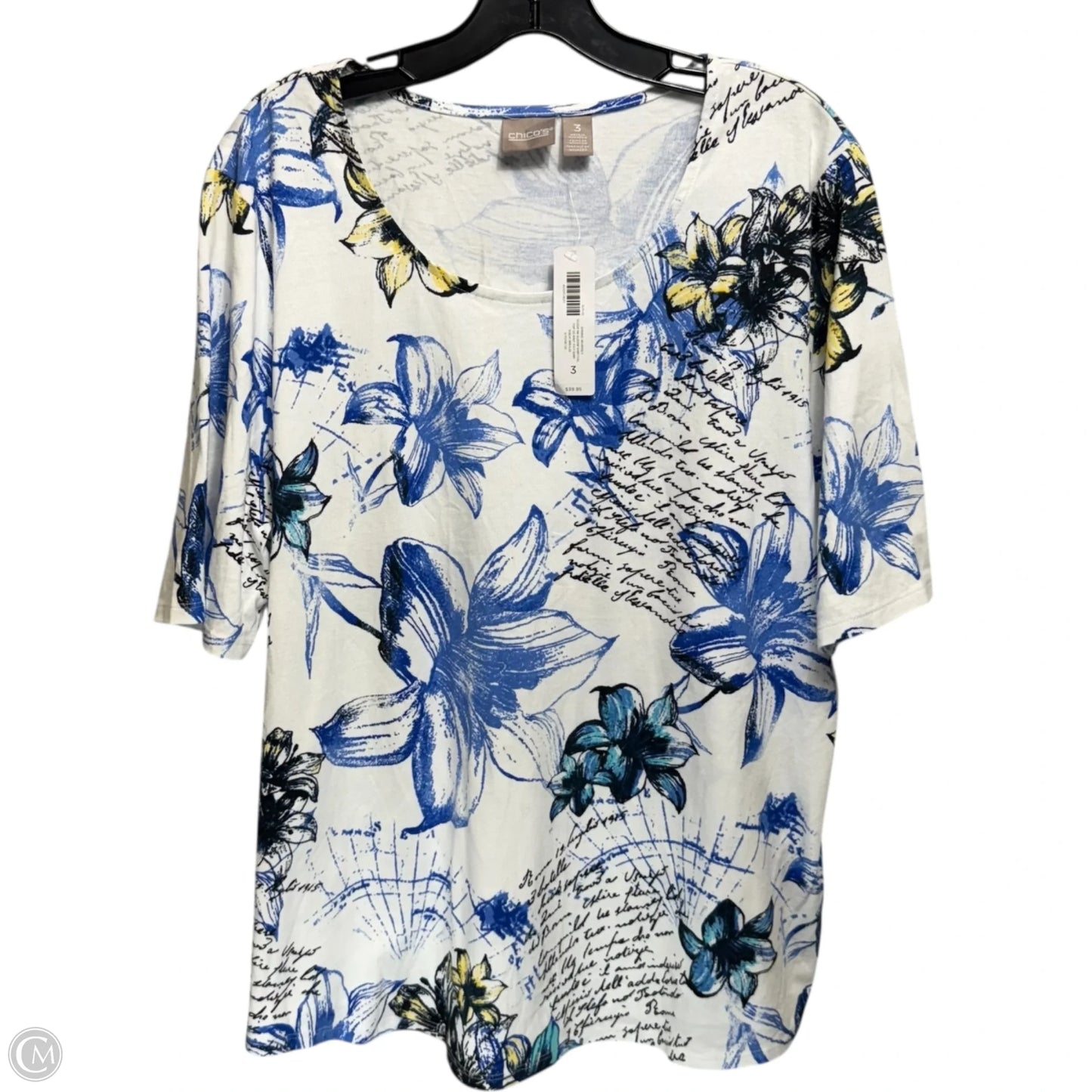 Spring Whimsy Scoop Neck Elbow Sleeve Shirttail Top By Chicos In Floral Print, Size: Xl