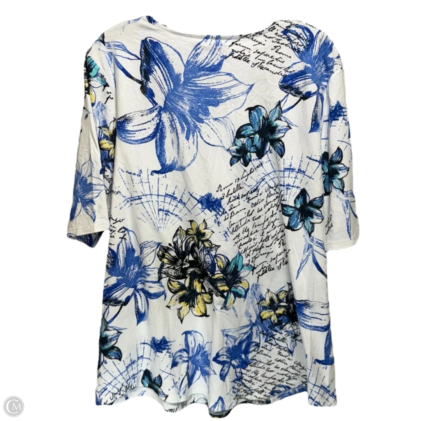 Spring Whimsy Scoop Neck Elbow Sleeve Shirttail Top By Chicos In Floral Print, Size: Xl