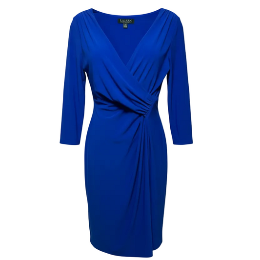 Petite 3/4-Sleeve Ruched Jersey Dress By Lauren By Ralph Lauren In Blue, Size: 4p