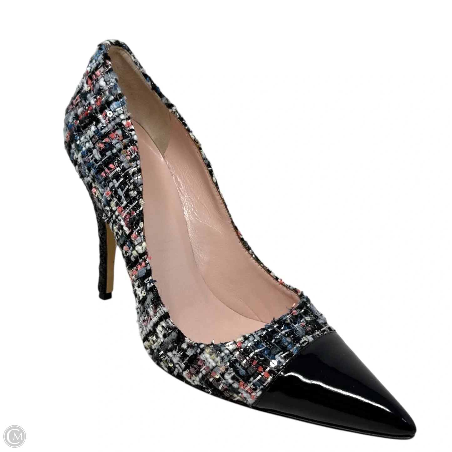 Lacy Tweed Glitter Heel Pointed Patent Cap Toe Pumps Designer By Kate Spade In Black, Size: 8