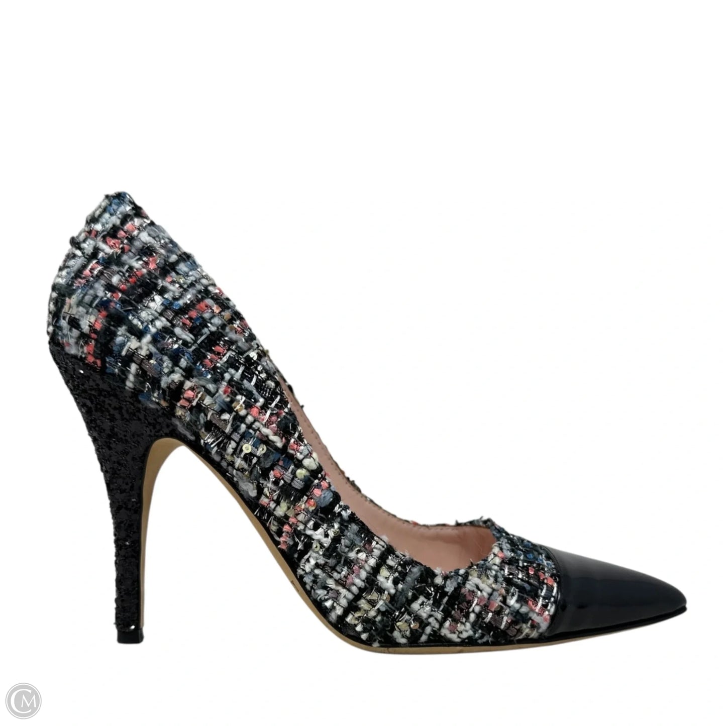 Lacy Tweed Glitter Heel Pointed Patent Cap Toe Pumps Designer By Kate Spade In Black, Size: 8