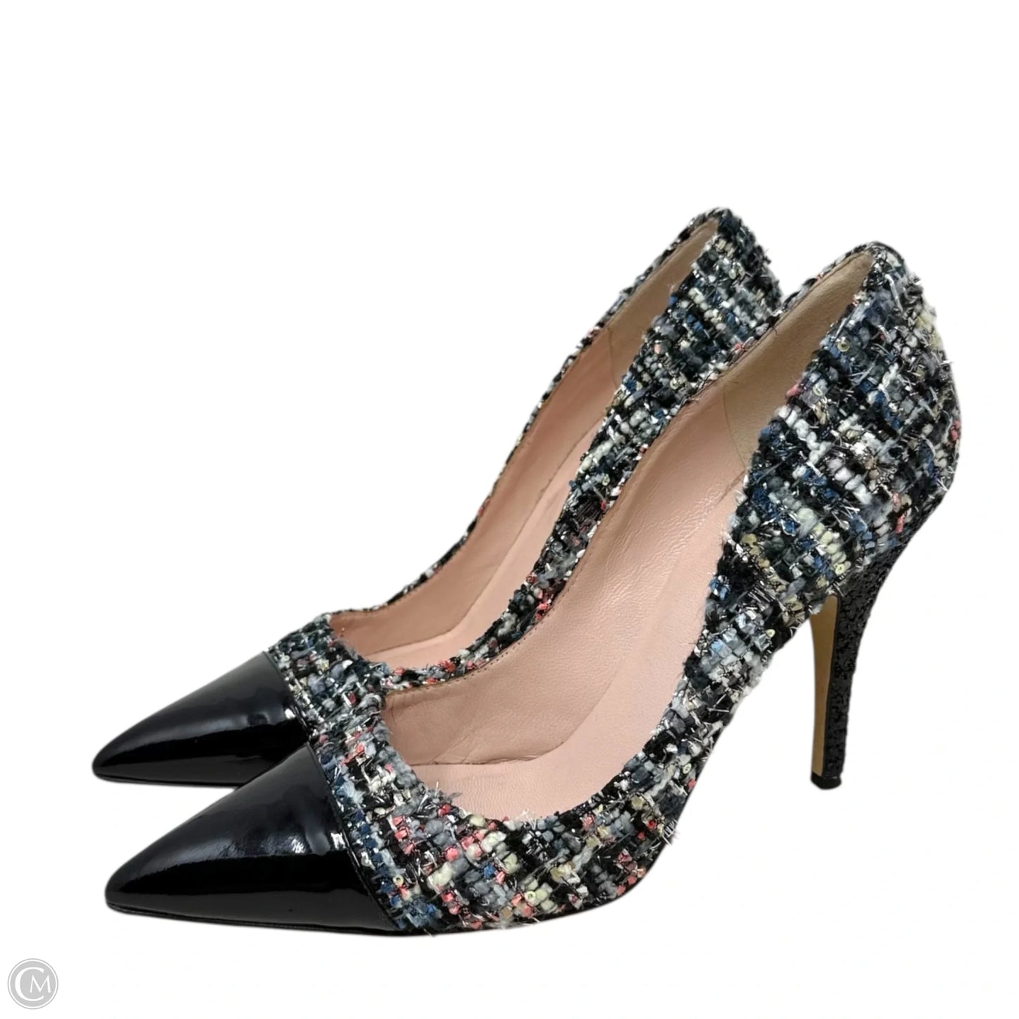 Lacy Tweed Glitter Heel Pointed Patent Cap Toe Pumps Designer By Kate Spade In Black, Size: 8