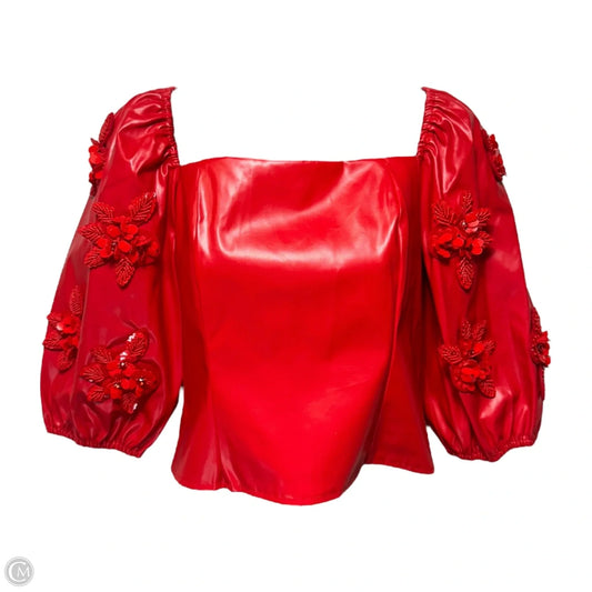 Red Leather Flower Poof Sleeve Top By Queen of Sparkles In Red, Size: S