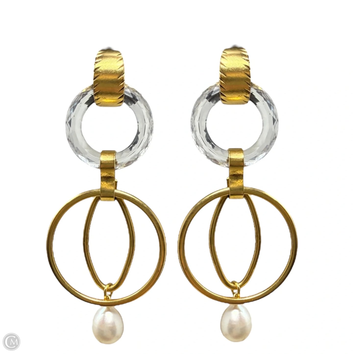 Gold Tone & Faux Pearl Drop Hoop Earrings