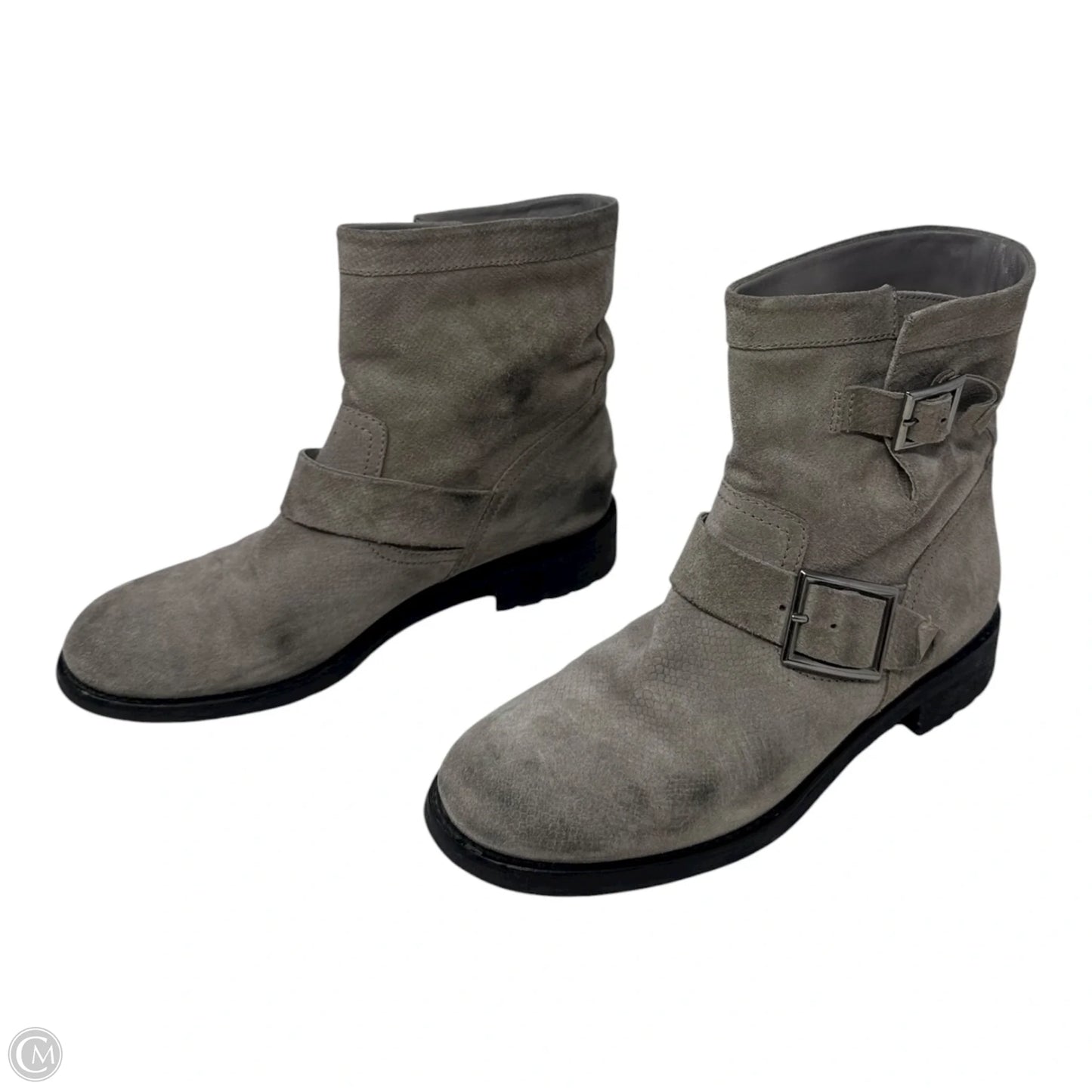 Suede Biker Boots Luxury Designer By Jimmy Choo In Grey, Size: 8.5 (IT 38.5)