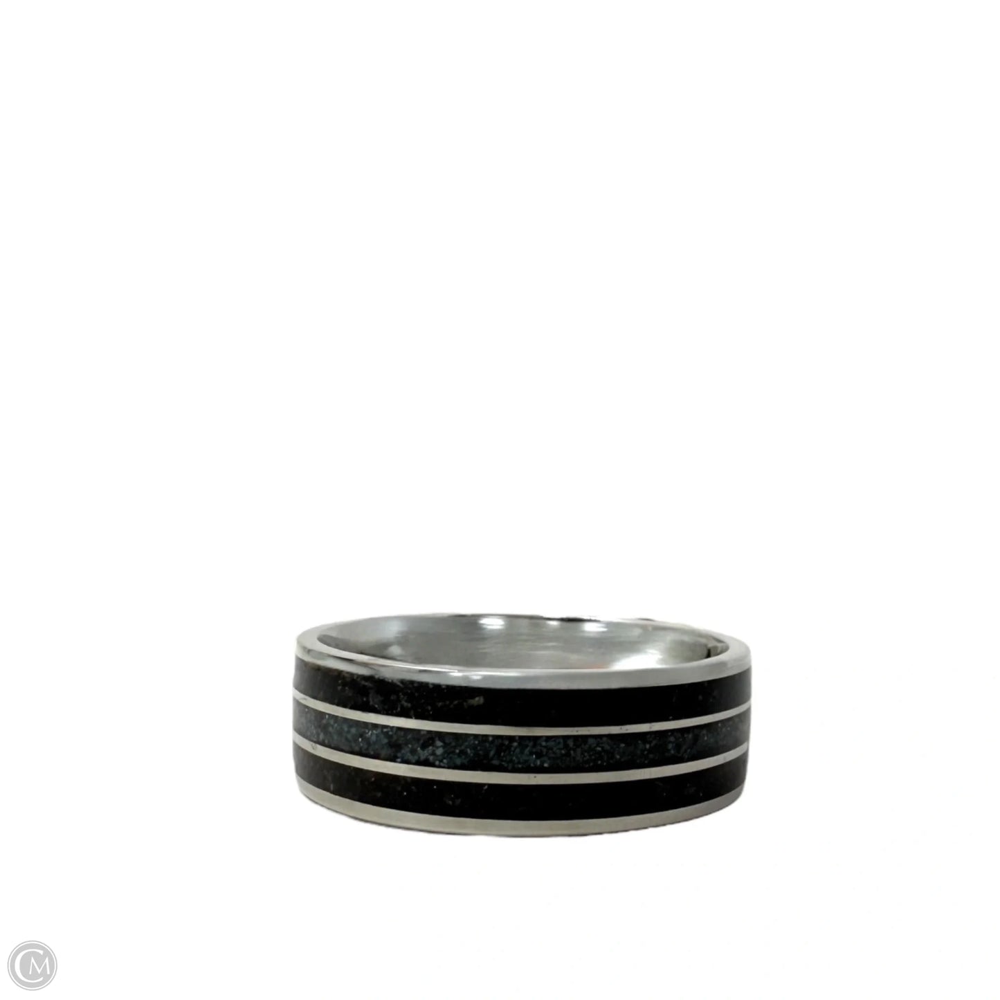 Crushed Black Quartz Triple Inlay Band Ring, Size: 12