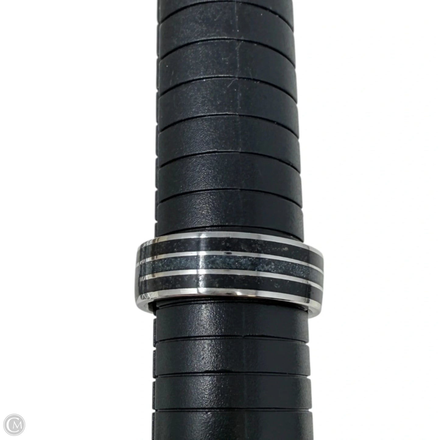 Crushed Black Quartz Triple Inlay Band Ring, Size: 12