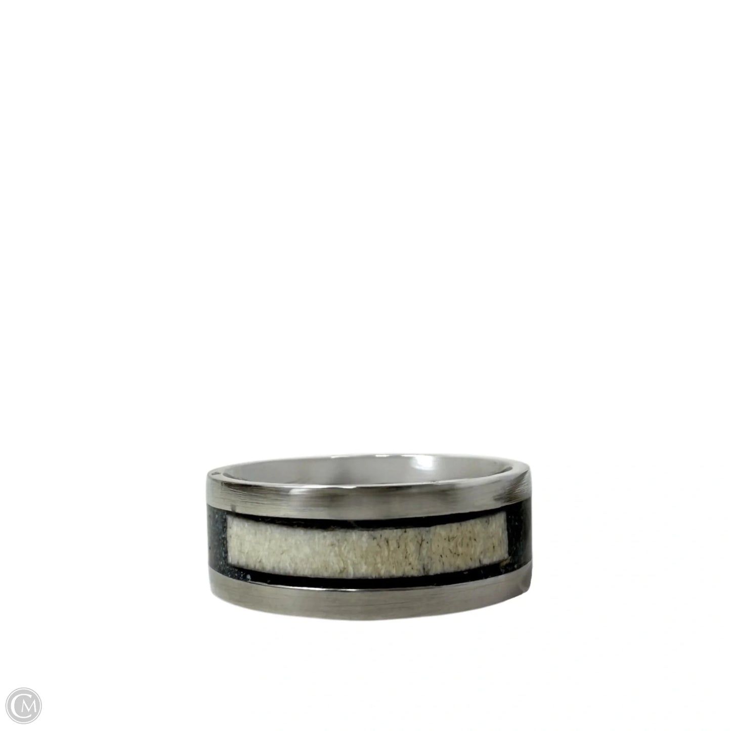 White Tail Antler & Black Quartz Inlay Band Ring, Size: 9