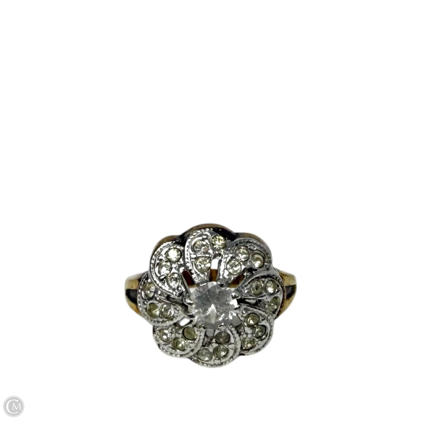 Vintage 14K Gold Electroplate (H.G.E.) Clear Stone Cluster Flower Cocktail Ring , Size: 7.5
