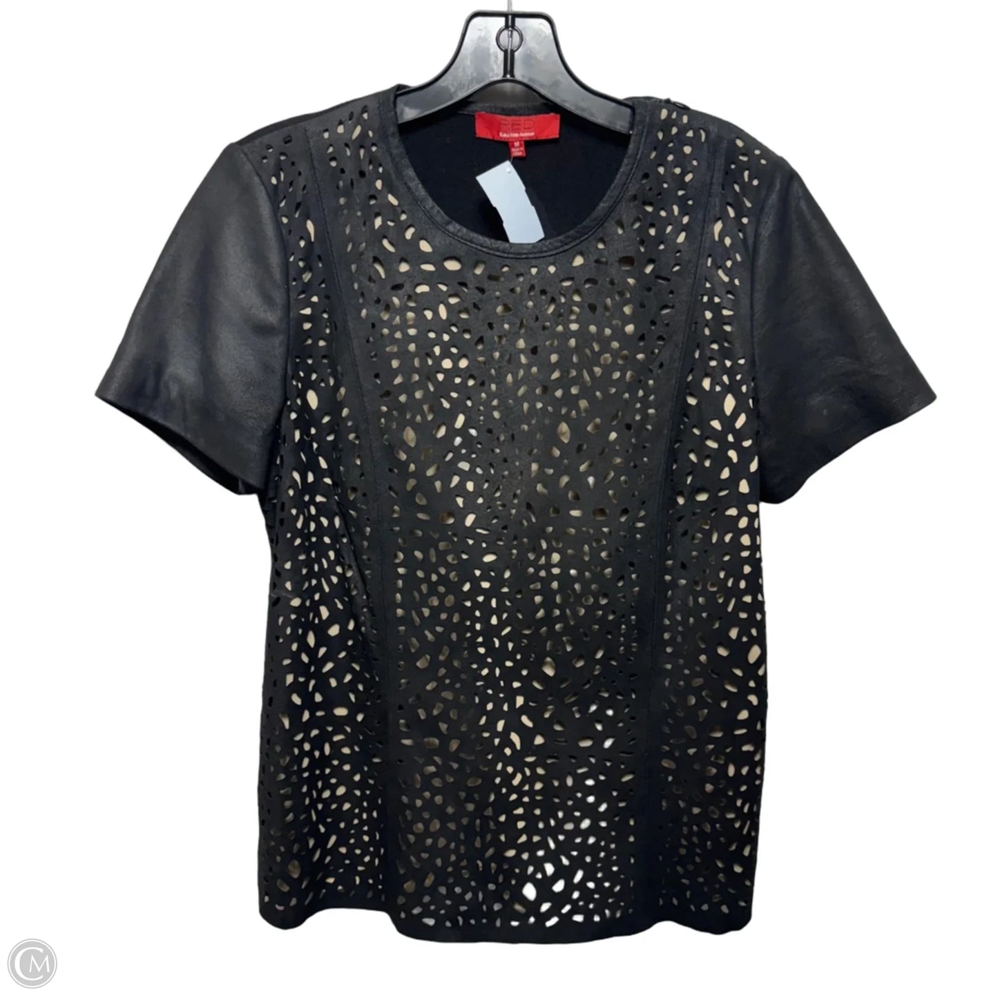 Laser Cut Leather Top Short Sleeve By Saks Fifth Avenue In Black, Size: S