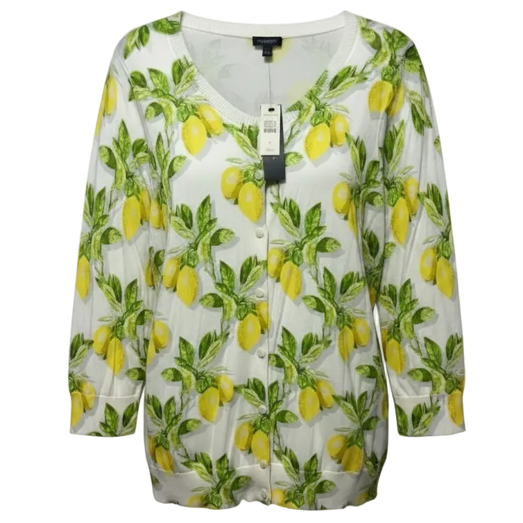 Lemon Print Cardigan Sweater By Talbots In Yellow, Size: L