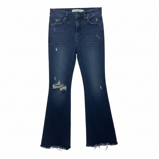 Happi Flare Distressed Jeans With Patch Pockets By Hidden In Blue Denim, Size: 6/28