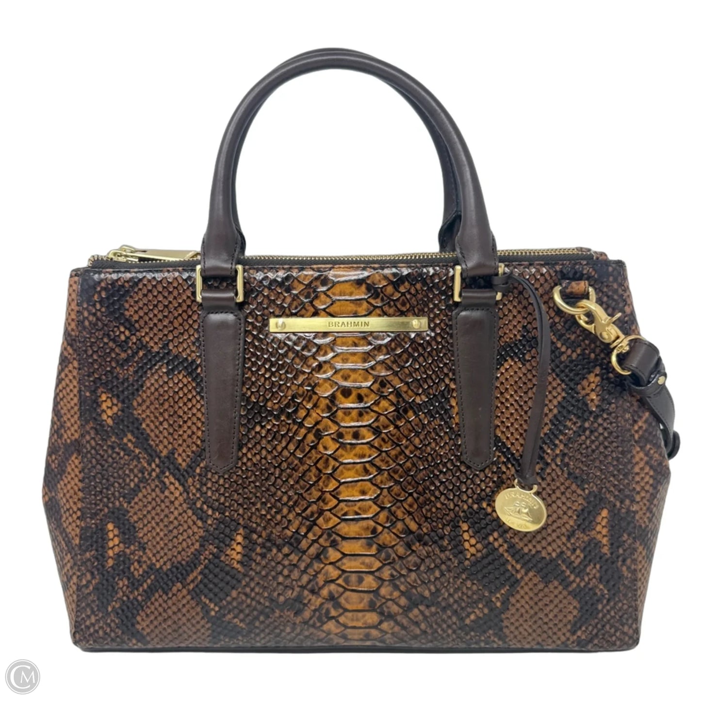 Snake Print Leather Satchel Designer By Brahmin, Size: Large
