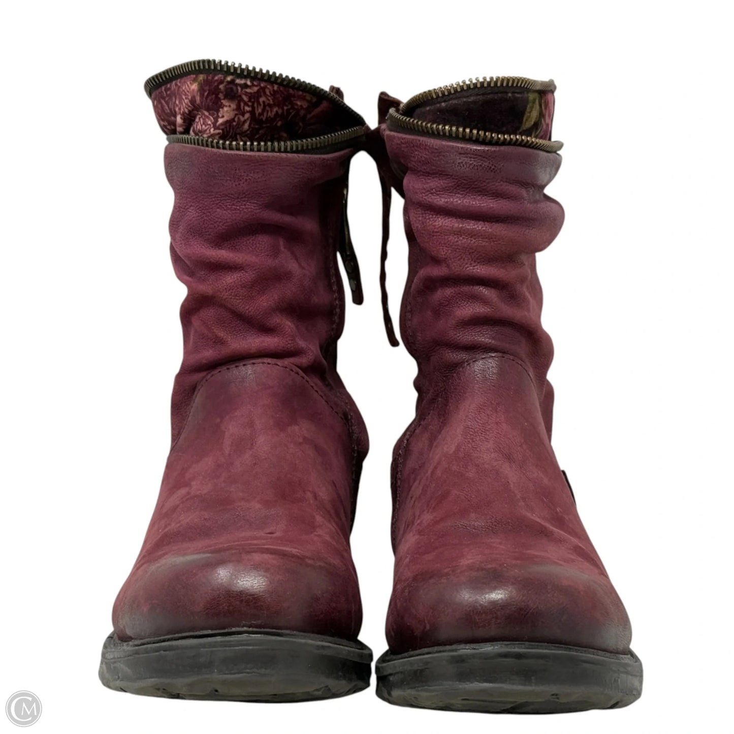 Handcrafted Leather & Velvet Trim Biker Boots By A.S. 98 In Maroon, Size: 8.5