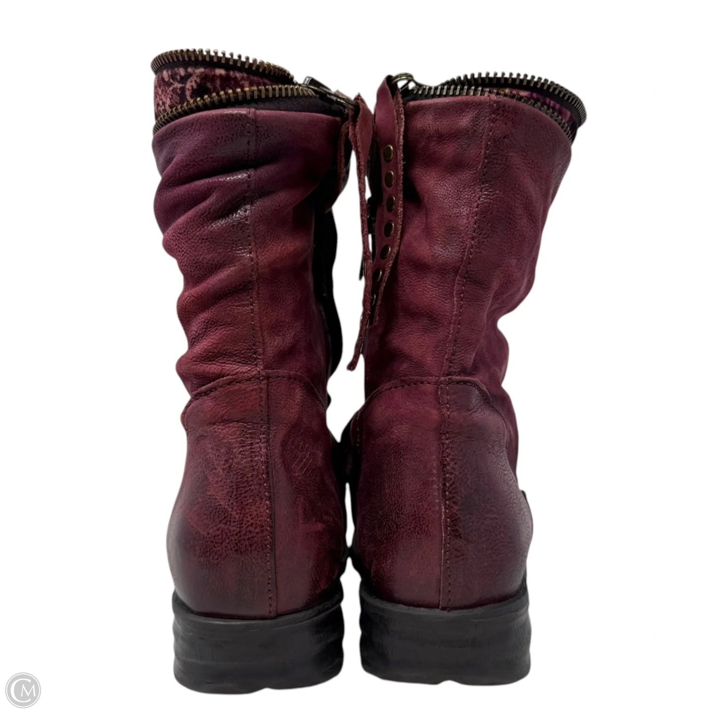 Handcrafted Leather & Velvet Trim Biker Boots By A.S. 98 In Maroon, Size: 8.5