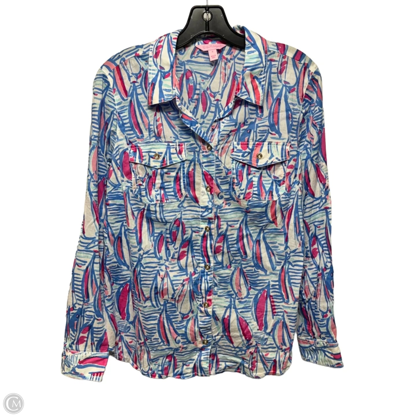Cruiser Button Down Shirt Designer By Lilly Pulitzer In Resort White Red Right Return Print, Size: 8