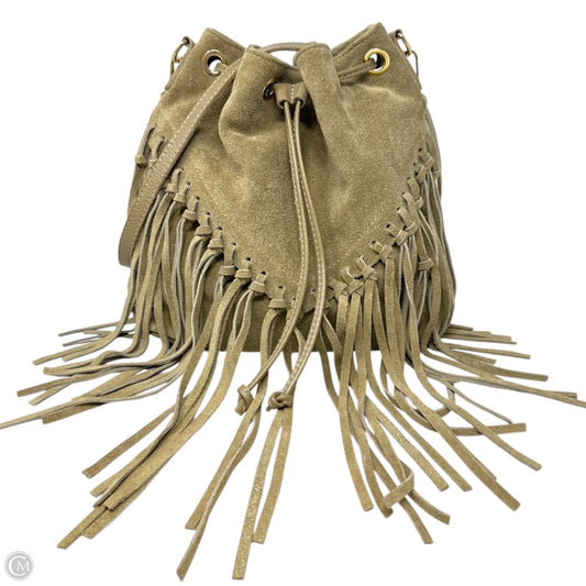 Italian Suede & Leather Fringed Drawstring Bucket Bag TR-251 In Cappuccino By Divas Bag, Size: Small