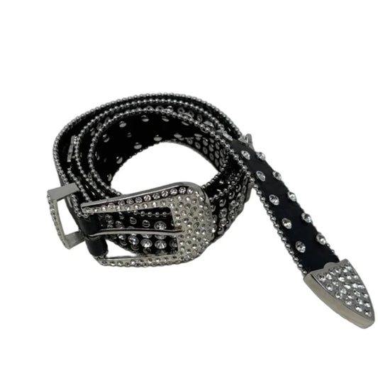 Rhinestone Embellished Leather Belt By MMS Design Studio, Size: Medium