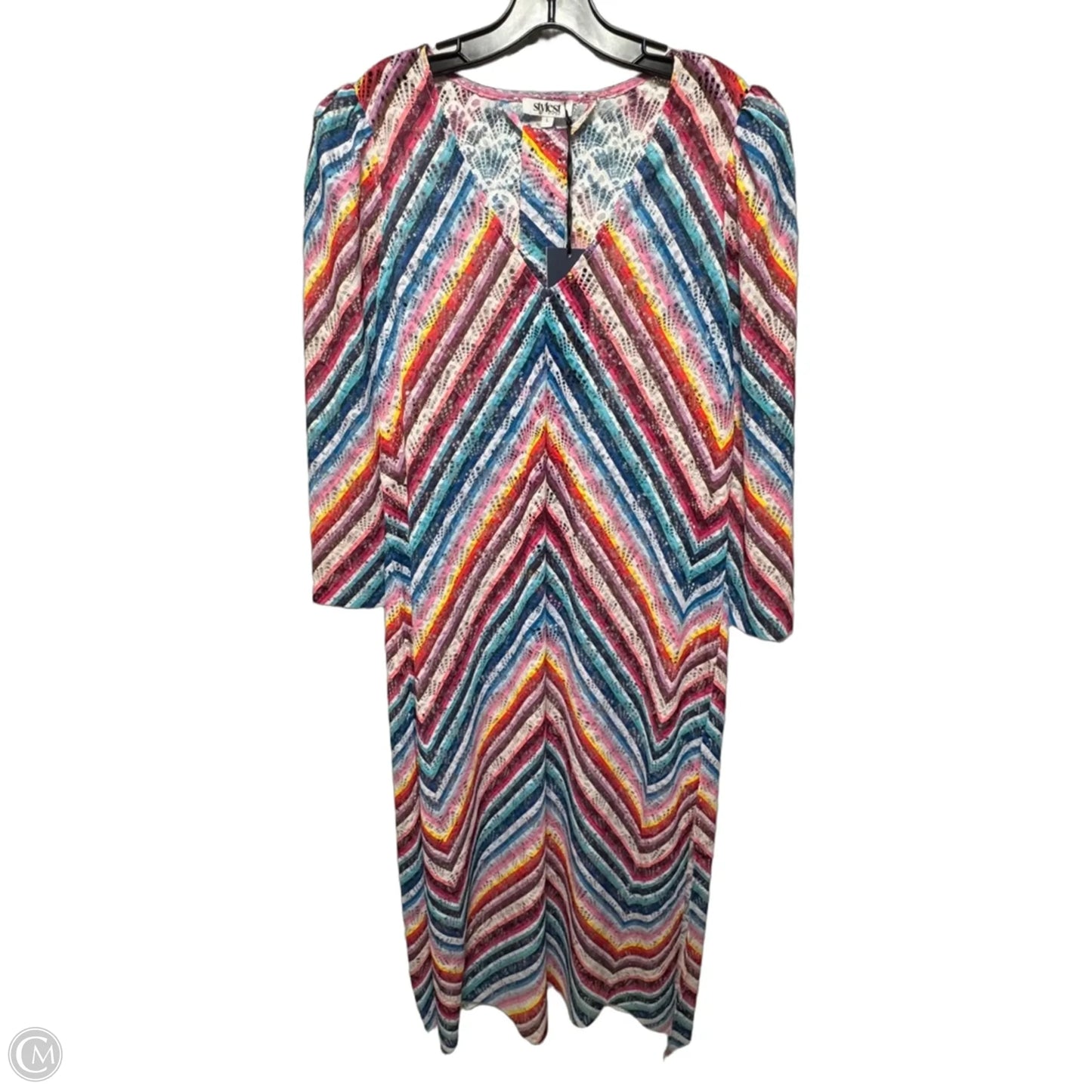 AquaLace Rainbow Chevron Stripe Puff Sleeve Belted Caftan Swim Dress By Stylest In Rainbow Gradient, Size: L