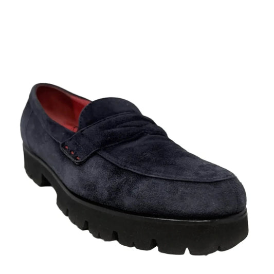 Marta Suede Penny Loafers By Pas de Rouge In Navy, Size: 7.5 (38)