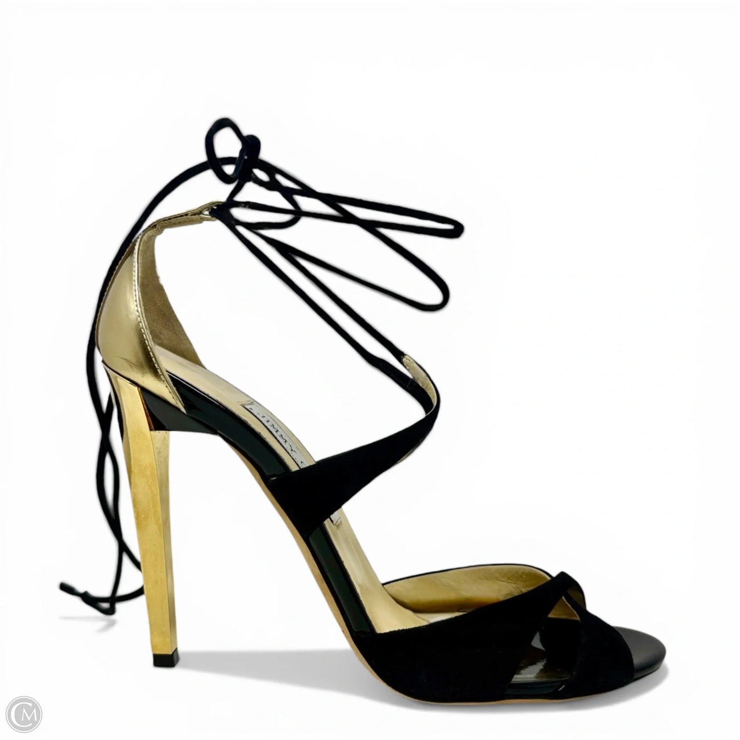 Teira Stiletto Lace Up Sandals Luxury Designer By Jimmy Choo In Black & Gold, Size: 9.5