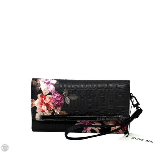 Black Floral Logobar Trifold Wristlet Wallet By Steve Madden, Size: Large