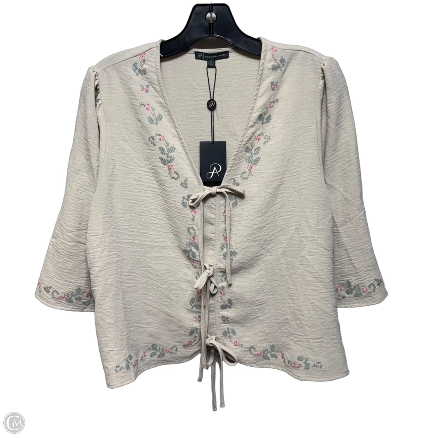 Front Tie Airflow Blouse 3/4 Sleeve By Adrianna Papell In Pebble, Size: M
