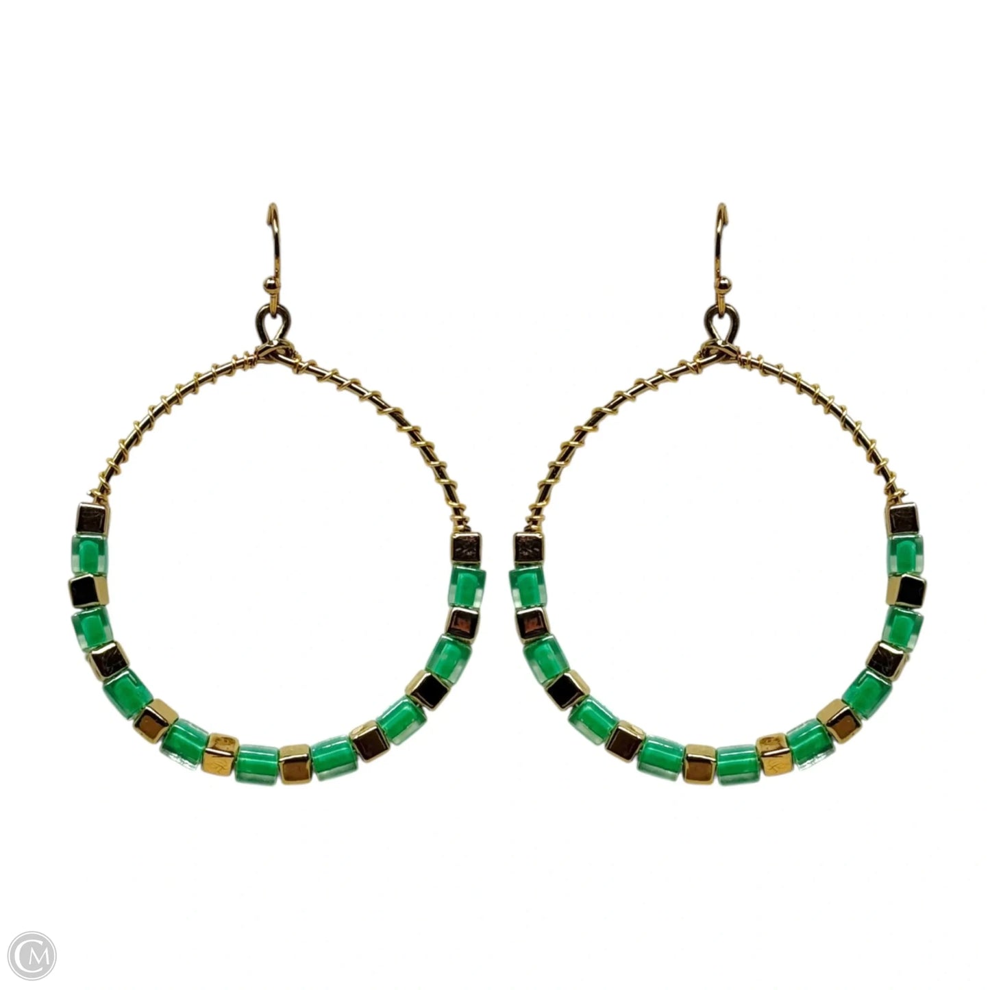 Gold & Green Bead Wrapped Dangle Earrings