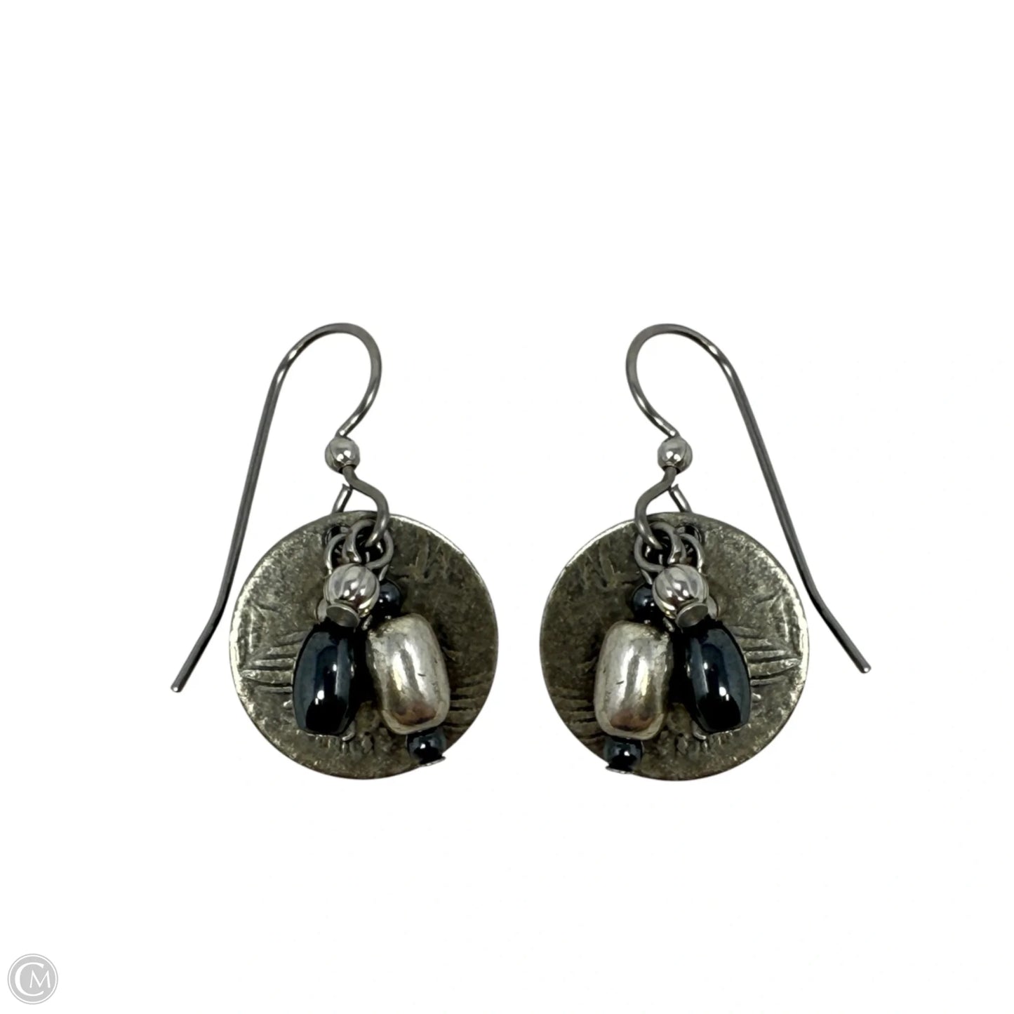 Beaded & Stamped Metal Disc Dangle Earrings