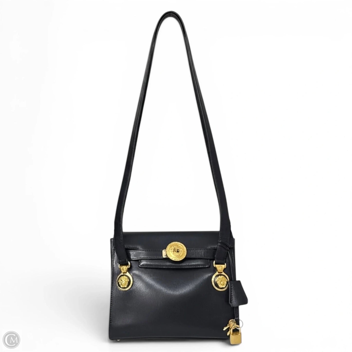 Vintage 90’s Medusa Medallion Leather Flap Shoulder Bag Luxury Designer By Gianni Versace, Size: Medium