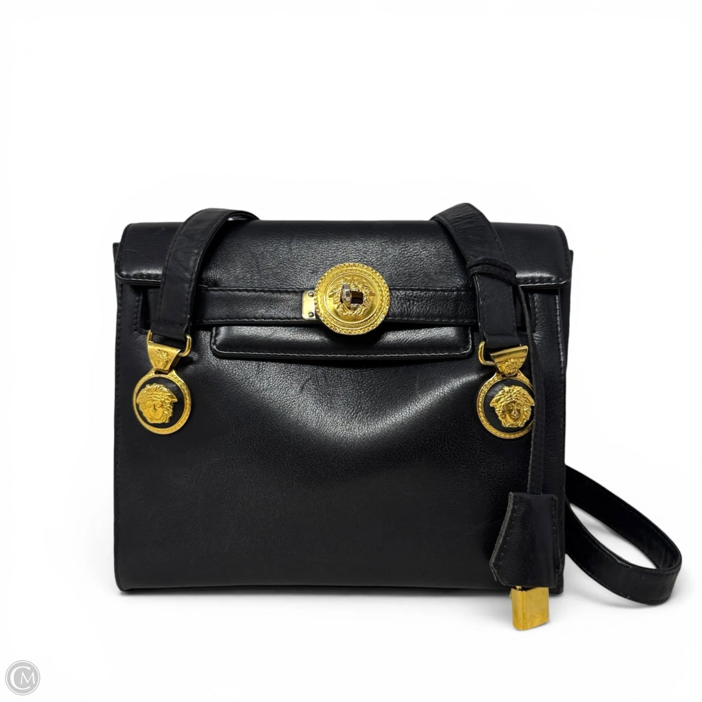 Vintage 90’s Medusa Medallion Leather Flap Shoulder Bag Luxury Designer By Gianni Versace, Size: Medium