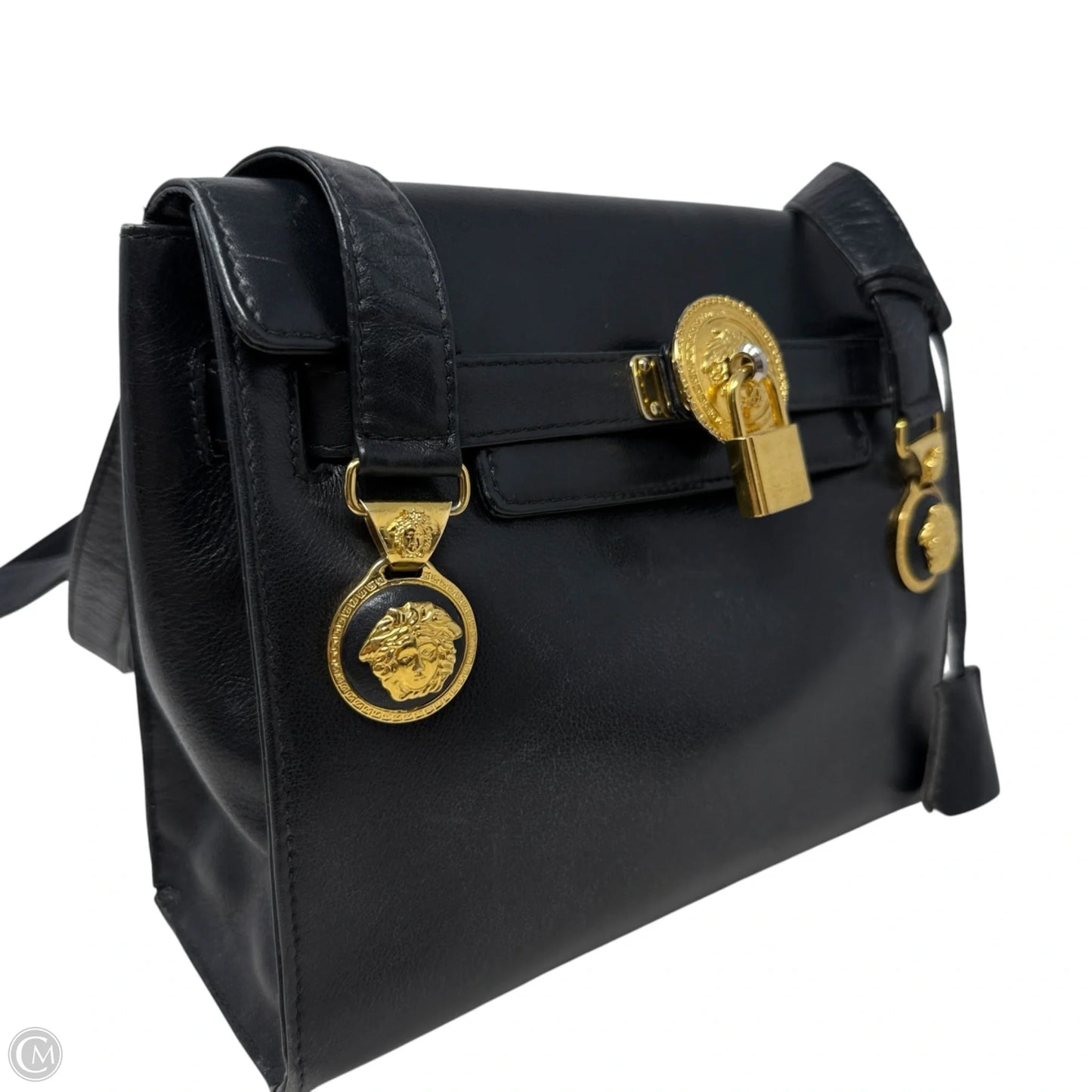 Vintage 90’s Medusa Medallion Leather Flap Shoulder Bag Luxury Designer By Gianni Versace, Size: Medium