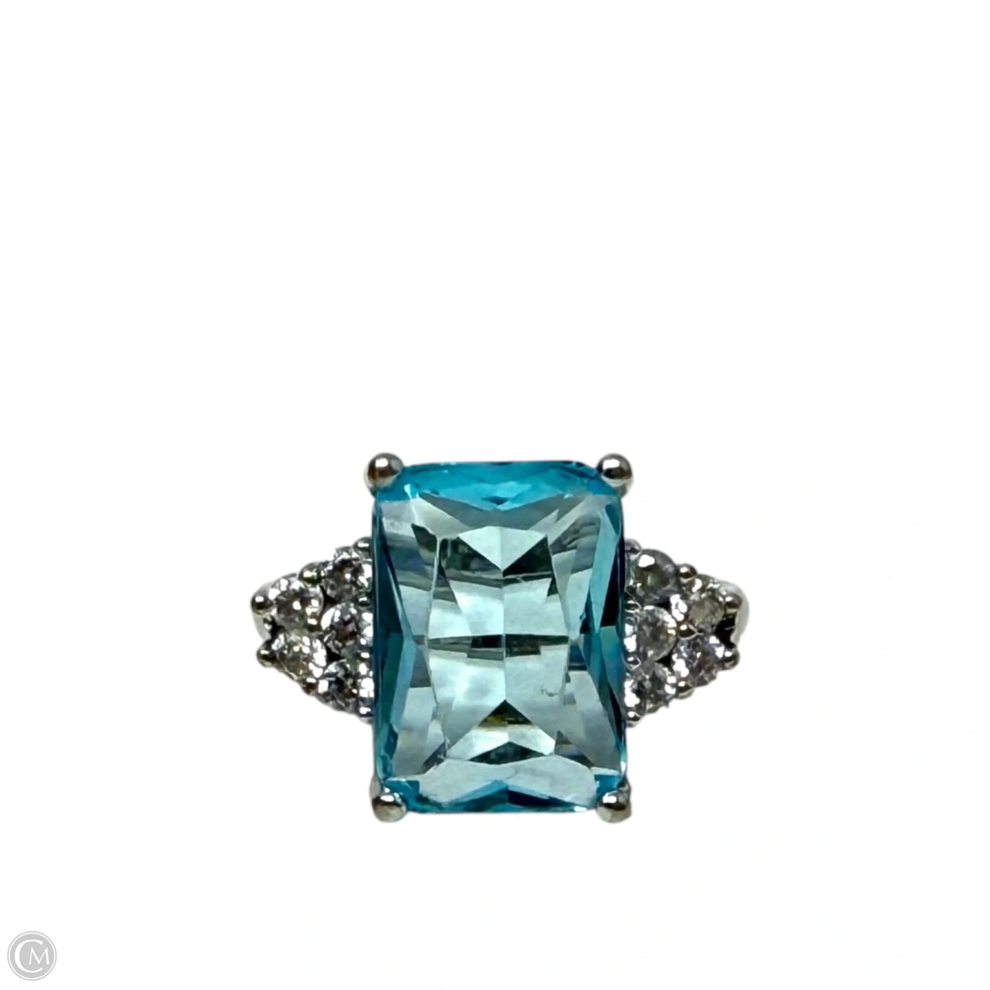 Emerald Cut Simulated Aquamarine, CZ & Sterling Silver, Size: 8
