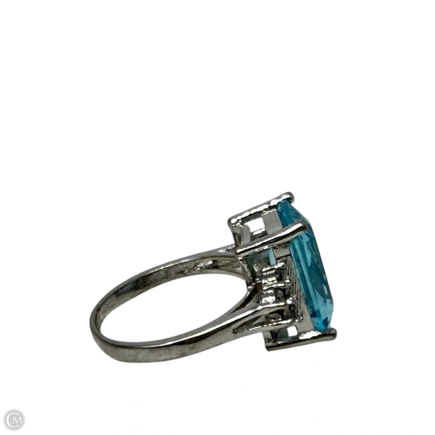 Emerald Cut Simulated Aquamarine, CZ & Sterling Silver, Size: 8