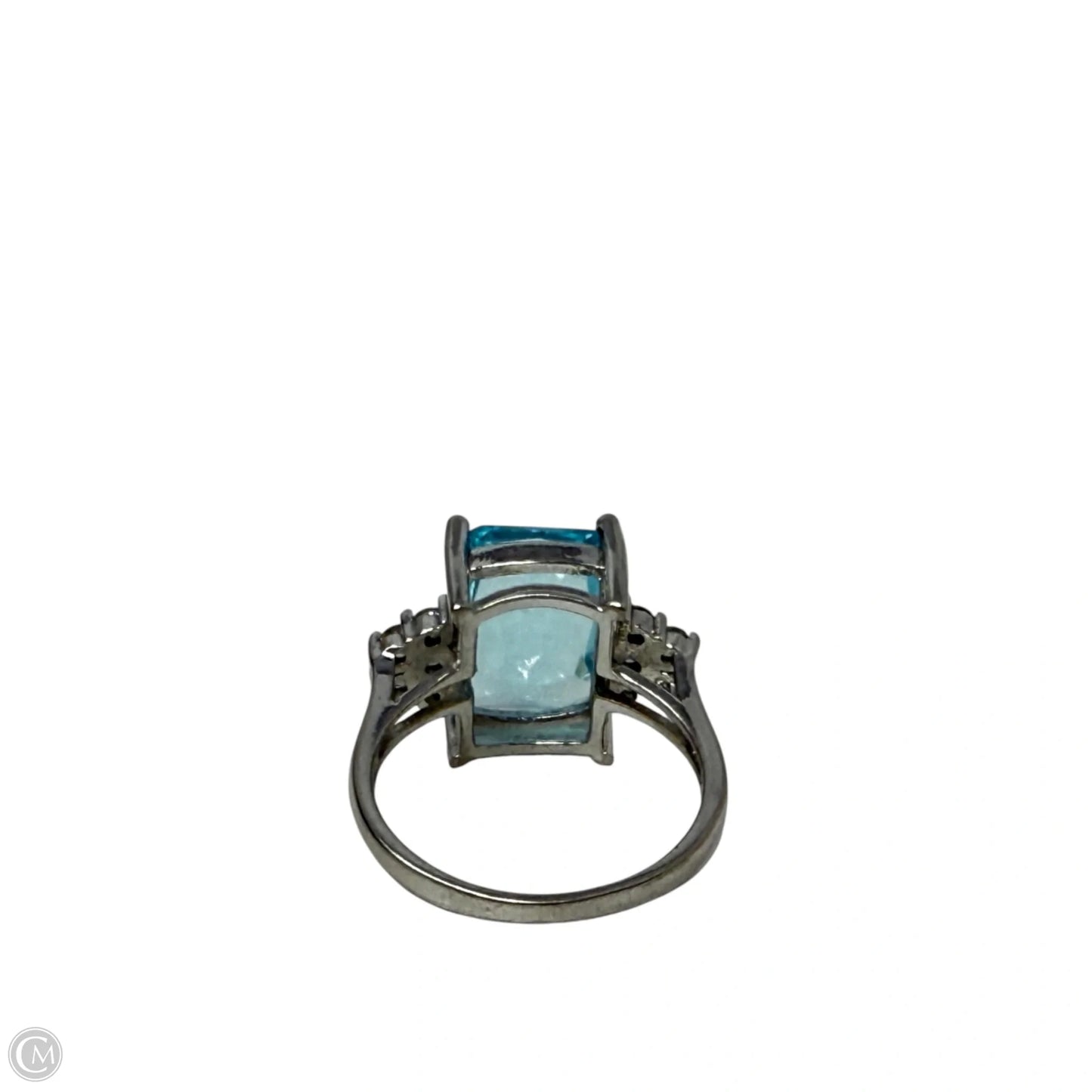 Emerald Cut Simulated Aquamarine, CZ & Sterling Silver, Size: 8