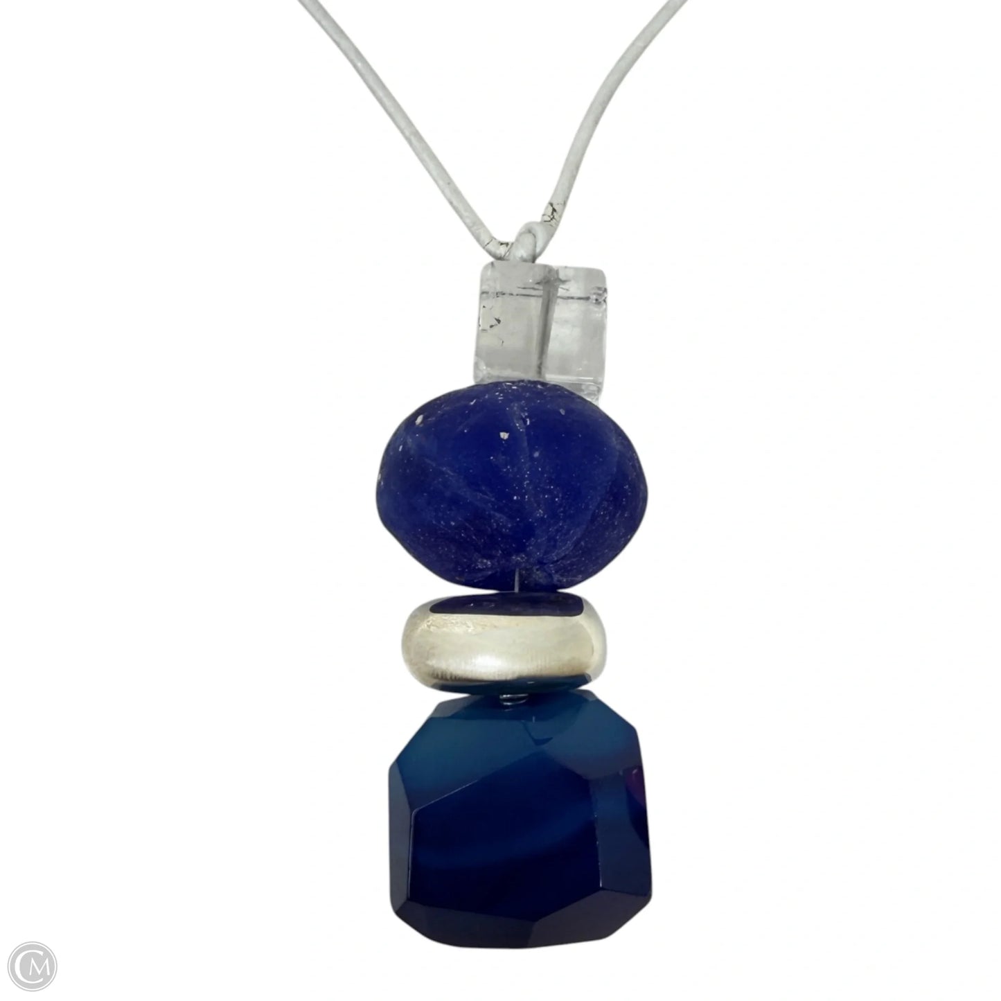 Sterling Silver, Stacked Blue Semi Precious Stone On Leather Cord Pendant Necklace By Simon Sebbag