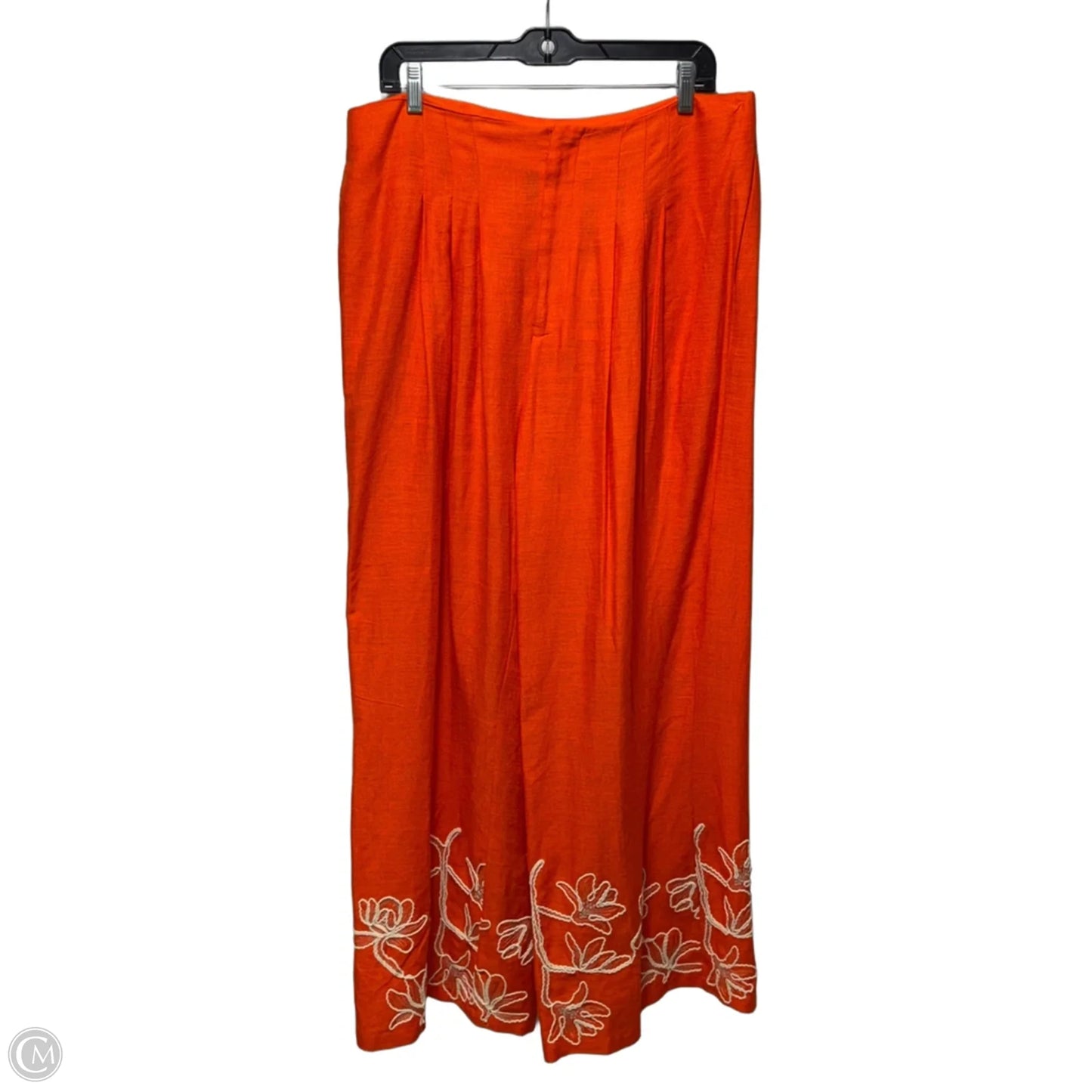 Wide Leg Embroidered Hem Linen Pants By Alex Marie In Orange, Size: 16