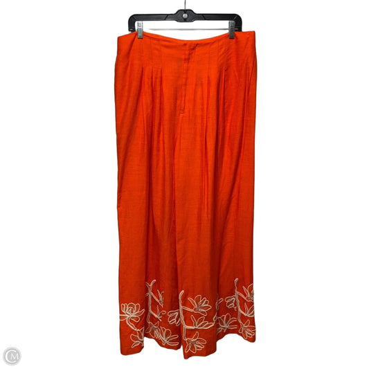 Wide Leg Embroidered Hem Linen Pants By Alex Marie In Orange, Size: 16