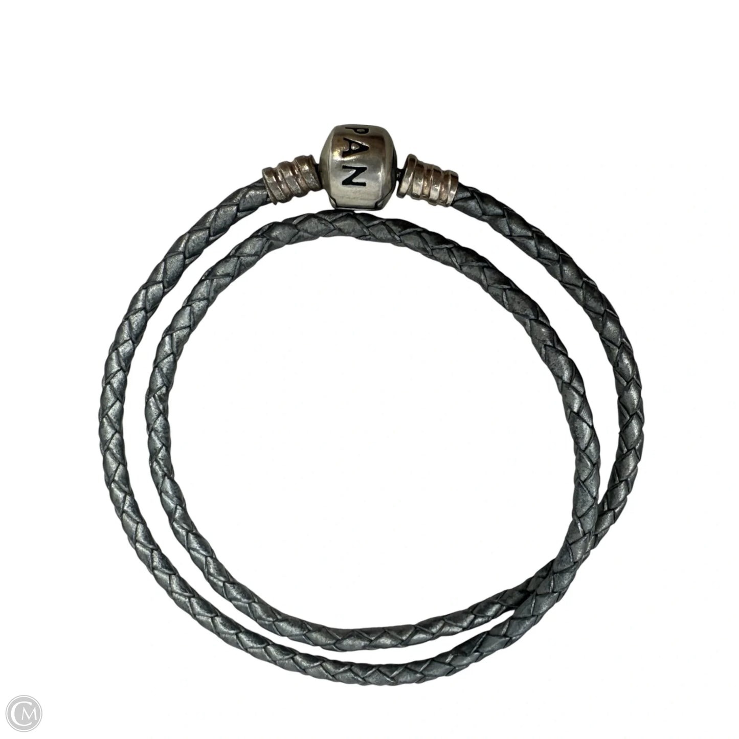 Sterling Silver & Braided Leather Double Bracelet with Barrel Clasp In Silver-Grey By Pandora