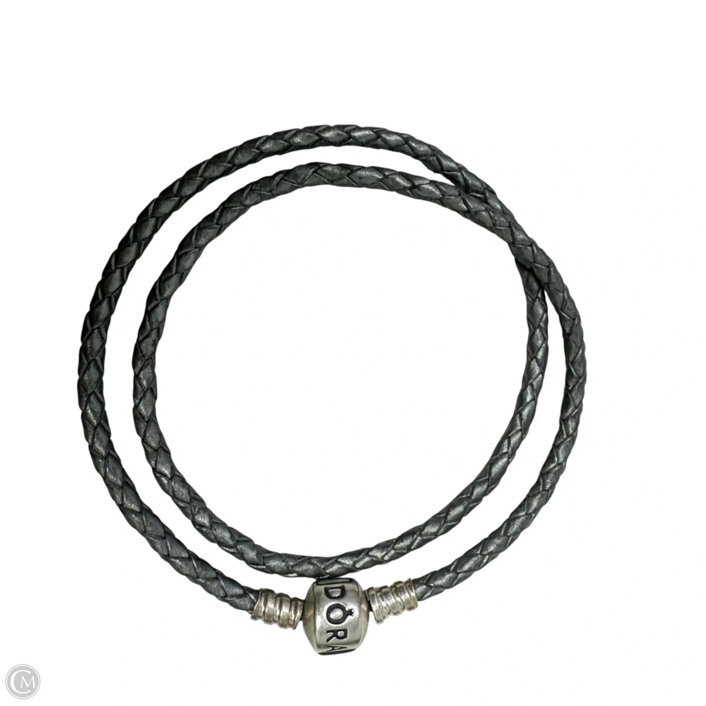 Sterling Silver & Braided Leather Double Bracelet with Barrel Clasp In Silver-Grey By Pandora