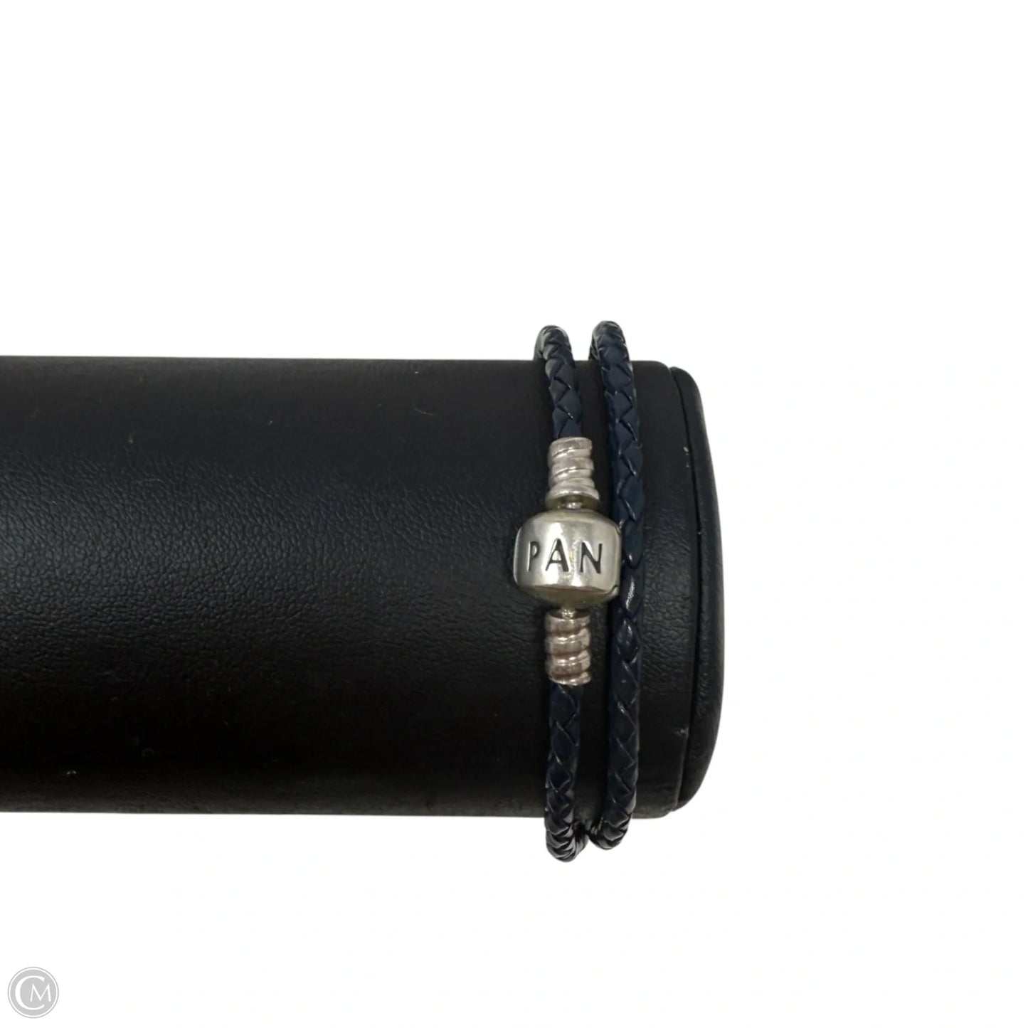 Sterling Silver & Braided Leather Double Bracelet with Barrel Clasp In Navy By Pandora
