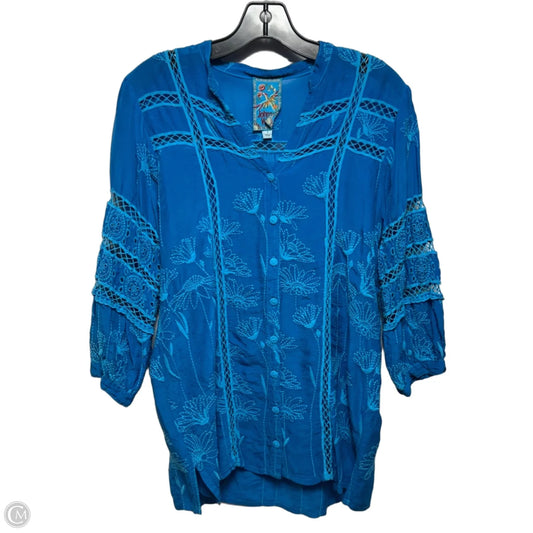 Embroidered Tunic 3/4 Sleeve By Johnny Was In Blue, Size: S