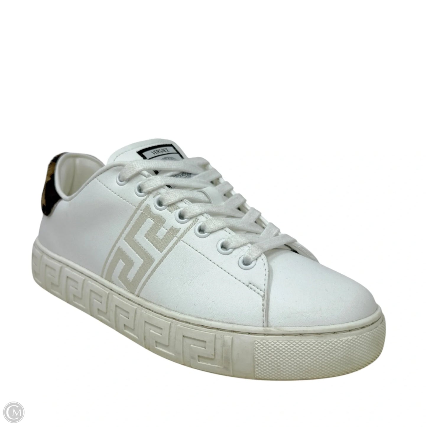 Greca Leopard Embroidered Sneakers Luxury Designer By Versace In White, Size: 7.5