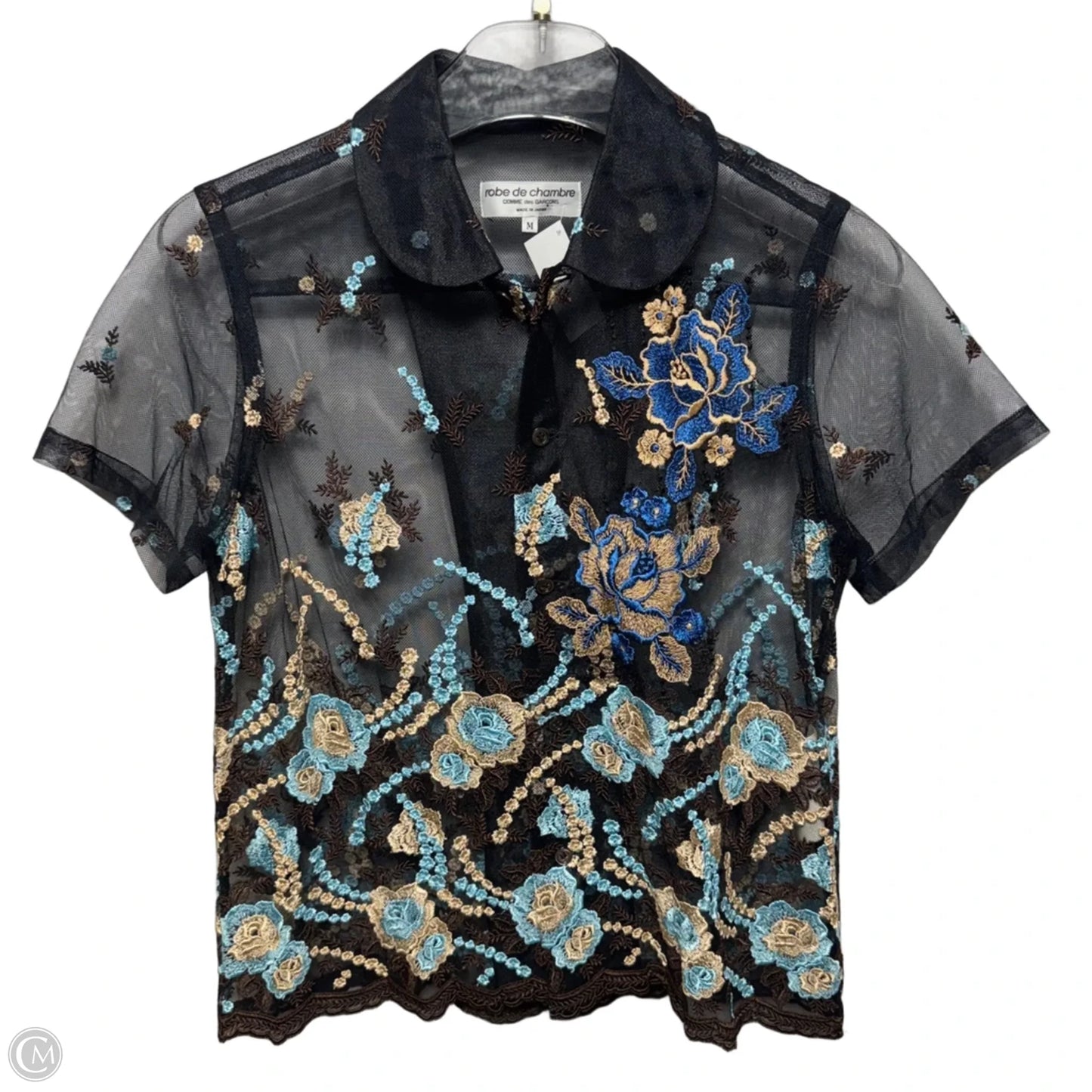 Embroidered Mesh Top Short Sleeve By Comme Des Garçons In Floral Print, Size: M