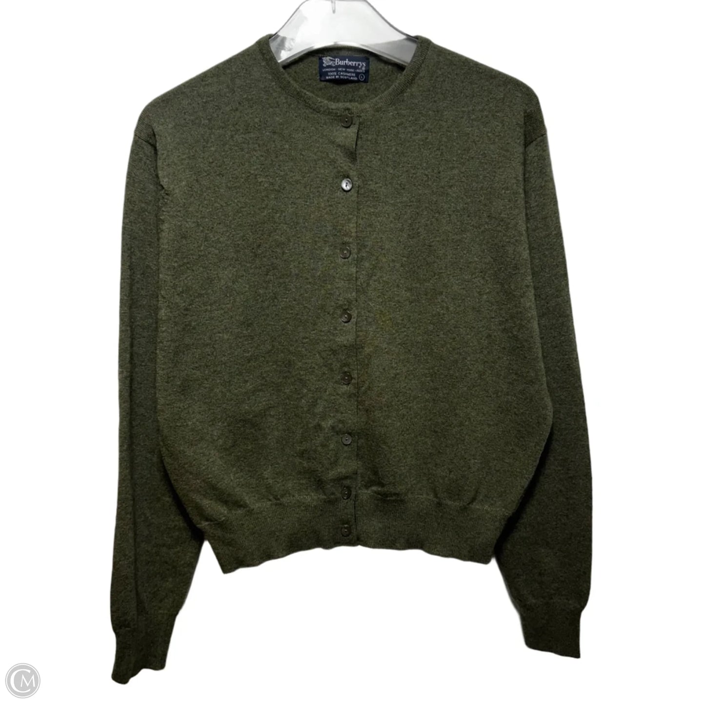 Vintage 100% Cashmere Sweater Cardigan Luxury Designer By Burberry In Green, Size: L