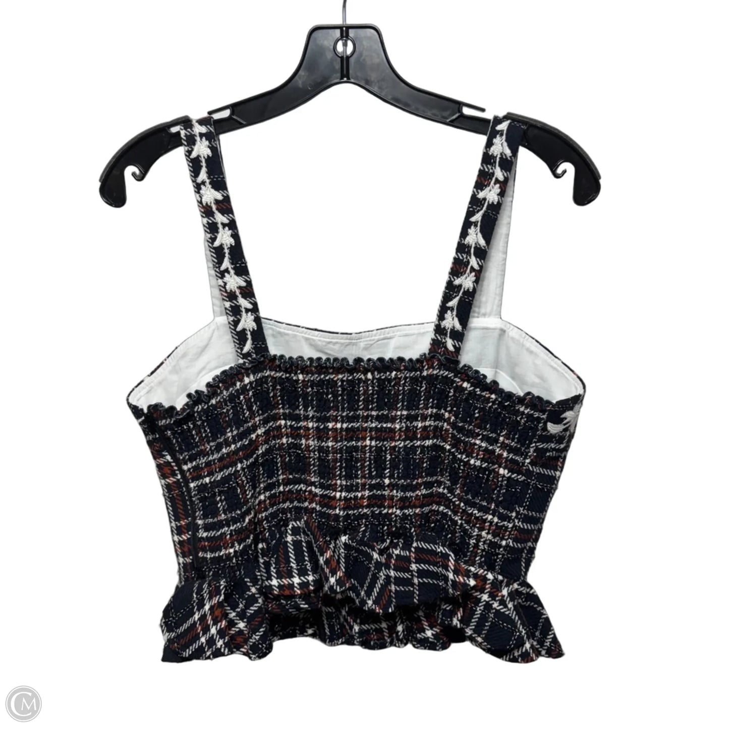 Woven Tweed Peplum Top Sleeveless By Fanm Mon In Navy Plaid Pattern, Size: Xl